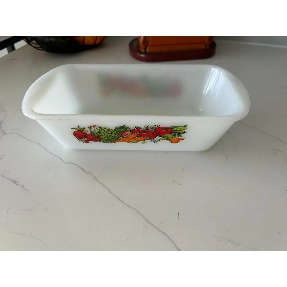 Vintage Fire King Milk Glass Loaf Pan, Harvest Pattern
